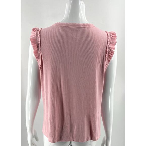 Nine West Tank Top Size XL Candy Pink Ruffle Sleeve Ribbed Stretch V Neck Womens - Picture 4 of 5